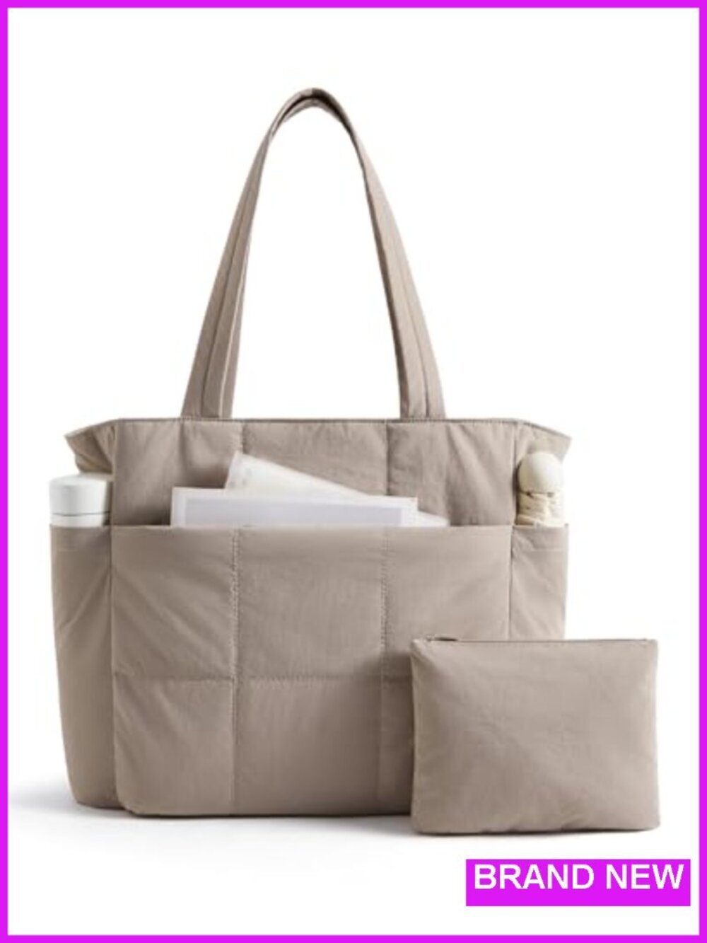 Quilted Puffy Tote Bag Set with Laptop Compartment, Lightweight Travel Handbag